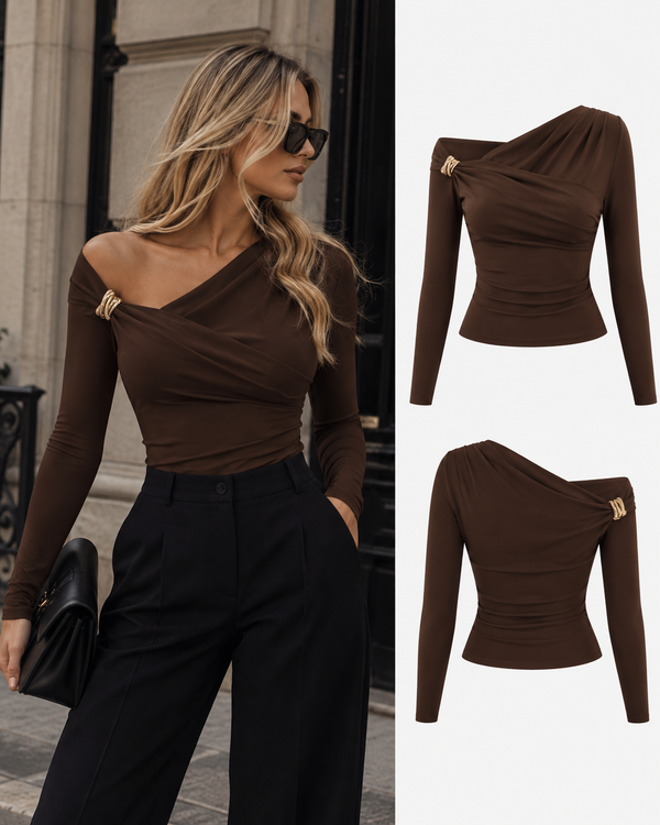 Top Ambre – Drapé asymétrique chocolat