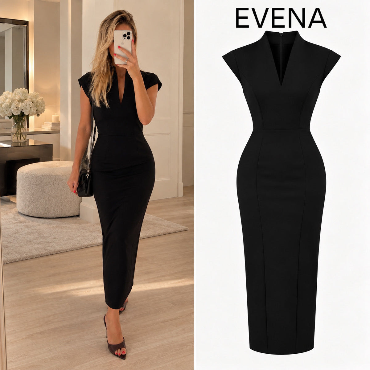 Robe noire midi à col montant et décolleté en V