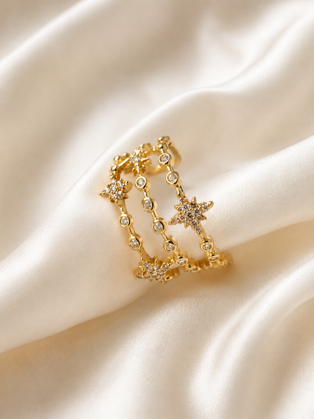 Bague Dorée Double Anneau Étoiles et Zircons