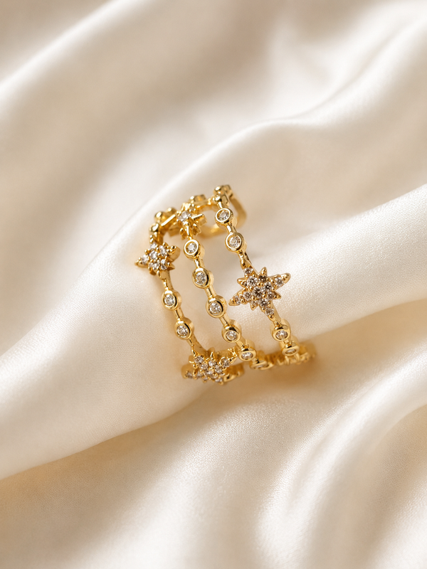 Bague Dorée Double Anneau Étoiles et Zircons