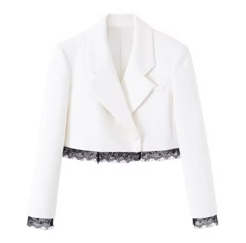 Blazer Court Blanc Dentelle Noire