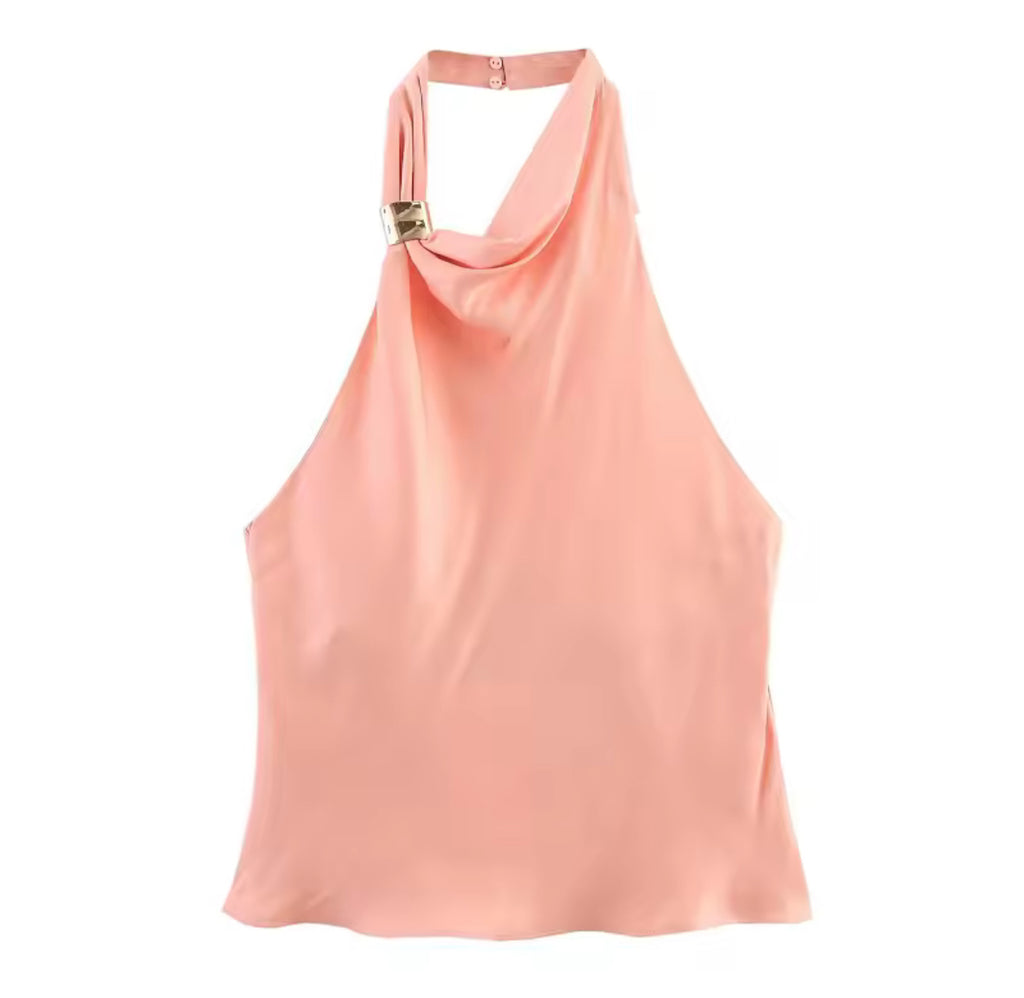 Top Halter Rose Satiné Doré